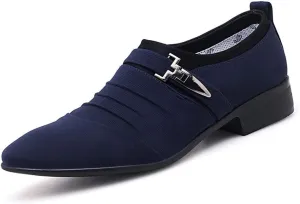Formal Shoes for Men Slip On Pointed Cap Toe Pleated Canvas Block Heel Anti-Slip Rubber Sole Working