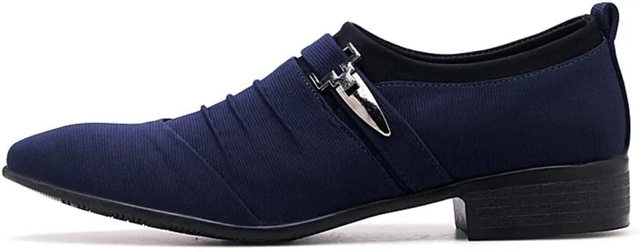 Formal Shoes for Men Slip On Pointed Cap Toe Pleated Canvas Block Heel Anti-Slip Rubber Sole Working