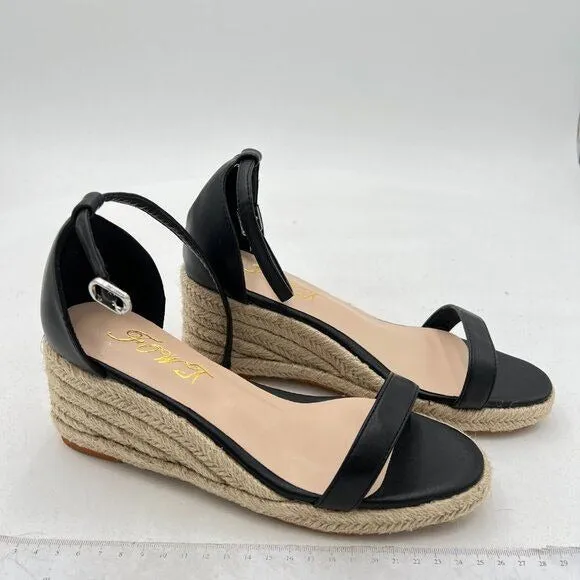 FOWT Black Espadrille Ankle Straps Buckle Wedge Sandal for Women Open Toe Sandal