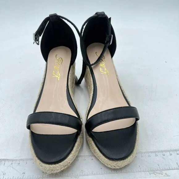 FOWT Black Espadrille Ankle Straps Buckle Wedge Sandal for Women Open Toe Sandal
