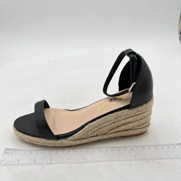 FOWT Black Espadrille Ankle Straps Buckle Wedge Sandal for Women Open Toe Sandal