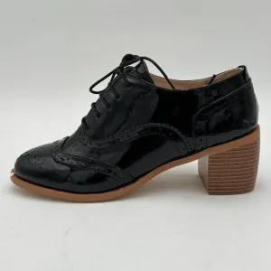 FOWT Black Perforated Lace-Up Oxfords Almond Toe Chunky Heel Derby Saddle Shoes