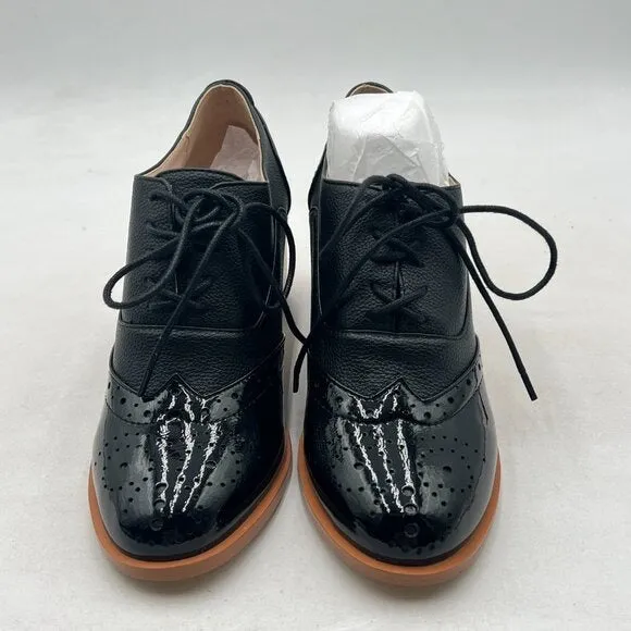 FOWT Black Perforated Lace-Up Oxfords Almond Toe Mid Chunky Heel Brogues Shoes