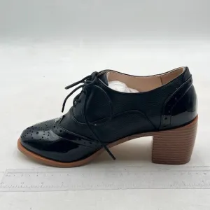 FOWT Black Perforated Lace-Up Oxfords Almond Toe Mid Chunky Heel Brogues Shoes