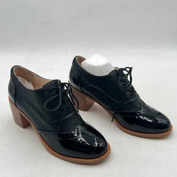 FOWT Black Perforated Lace-Up Oxfords Almond Toe Mid Chunky Heel Brogues Shoes