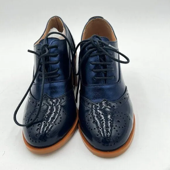 FOWT Navy Perforated Lace-Up Oxfords Almond Toe Mid Chunky Heel Brogues Shoes