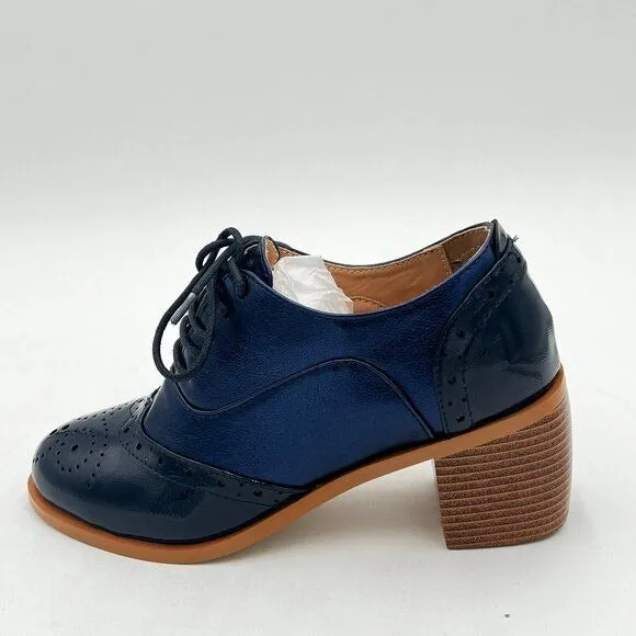 FOWT Navy Perforated Lace-Up Oxfords Almond Toe Mid Chunky Heel Brogues Shoes