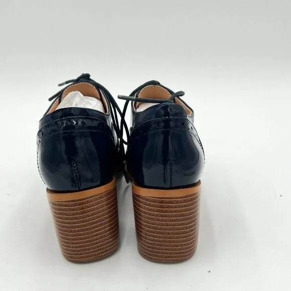 FOWT Navy Perforated Lace-Up Oxfords Almond Toe Mid Chunky Heel Brogues Shoes