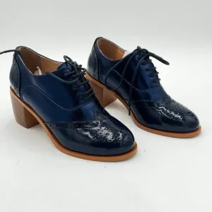 FOWT Navy Perforated Lace-Up Oxfords Almond Toe Mid Chunky Heel Brogues Shoes