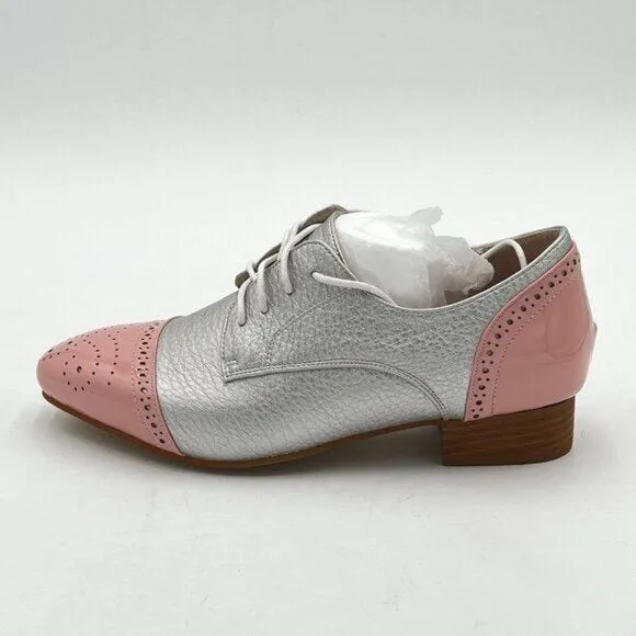 FOWT Pink And Silver Brogue Shoes Perforated Lace up Low Heels Wingtip Oxfords