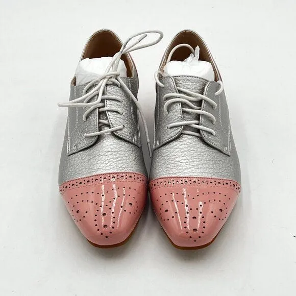 FOWT Pink And Silver Brogue Shoes Perforated Lace up Low Heels Wingtip Oxfords