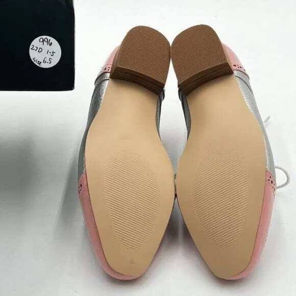 FOWT Pink And Silver Brogue Shoes Perforated Lace up Low Heels Wingtip Oxfords