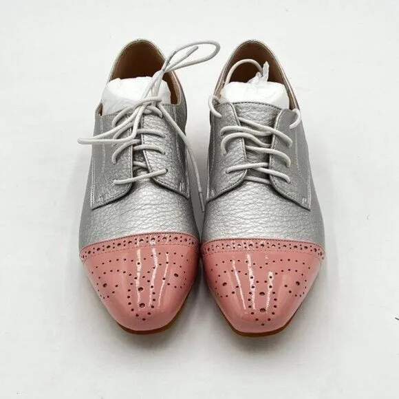FOWT Pink And Silver Brogue Shoes Perforated Lace up Low Heels Wingtip Oxfords