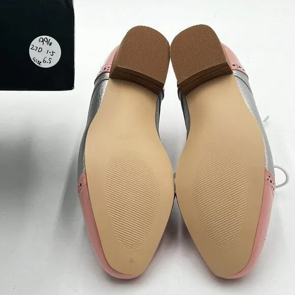 FOWT Pink And Silver Brogue Shoes Perforated Lace up Low Heels Wingtip Oxfords