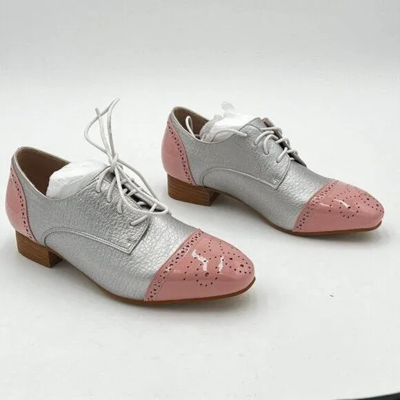 FOWT Pink And Silver Brogue Shoes Perforated Lace up Low Heels Wingtip Oxfords