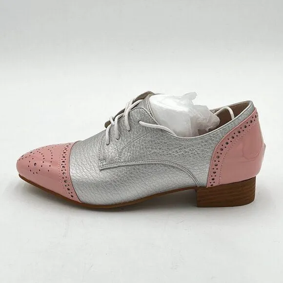 FOWT Pink And Silver Brogue Shoes Perforated Lace up Low Heels Wingtip Oxfords