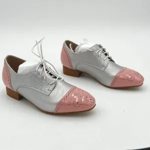 FOWT Pink And Silver Brogue Shoes Perforated Lace up Low Heels Wingtip Oxfords