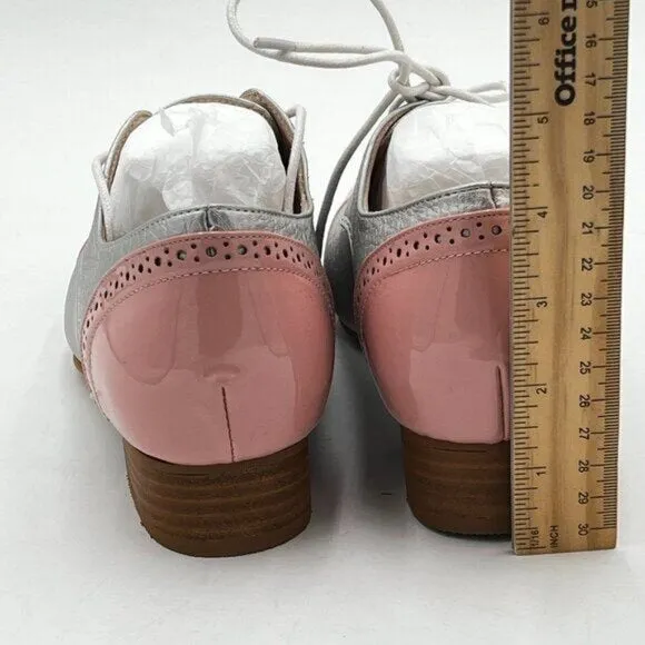 FOWT Pink And Silver Brogue Shoes Perforated Lace up Low Heels Wingtip Oxfords