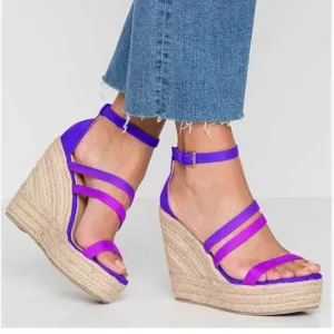 FOWT Rosy Purple Platform Espadrille Wedge Sandal Two Tone Buckle Strap Shoes