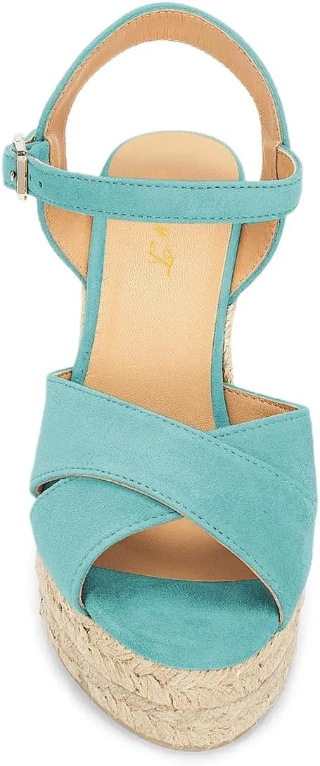 FOWT Women Classic Suede Platform Espadrille Sandals Open Toe Wedge High Heels Ankle Strap Buckle Summer Party Casual Shoes Size 4-16 US