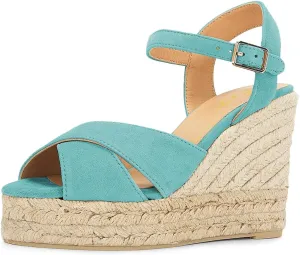 FOWT Women Classic Suede Platform Espadrille Sandals Open Toe Wedge High Heels Ankle Strap Buckle Summer Party Casual Shoes Size 4-16 US