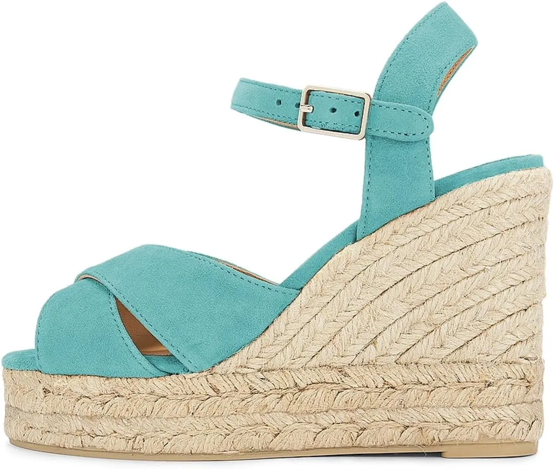FOWT Women Classic Suede Platform Espadrille Sandals Open Toe Wedge High Heels Ankle Strap Buckle Summer Party Casual Shoes Size 4-16 US
