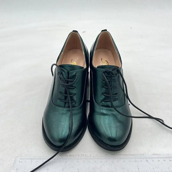 FOWT Women's Chunky High Heels Wingtip Oxfords Round Toe Lace Up Stacked Block H