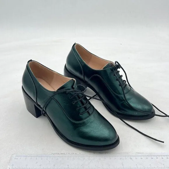 FOWT Women's Chunky High Heels Wingtip Oxfords Round Toe Lace Up Stacked Block H