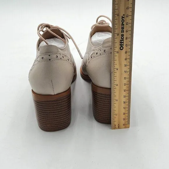FOWTBeige Perforated Lace-Up Oxfords Almond Toe Mid Chunky Heel Brogues Shoes