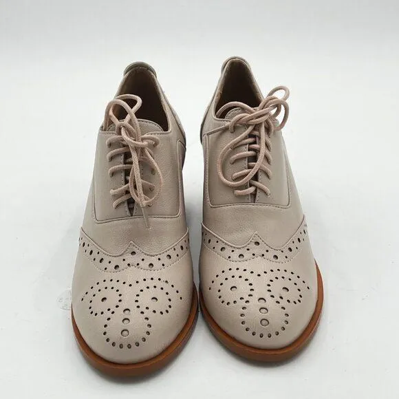 FOWTBeige Perforated Lace-Up Oxfords Almond Toe Mid Chunky Heel Brogues Shoes