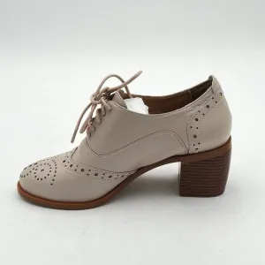 FOWTBeige Perforated Lace-Up Oxfords Almond Toe Mid Chunky Heel Brogues Shoes