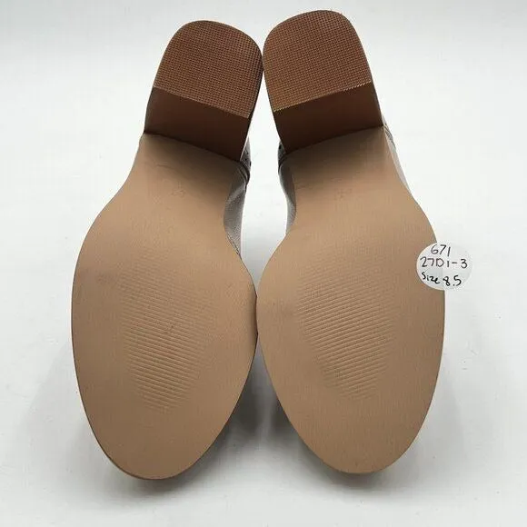 FOWTBeige Perforated Lace-Up Oxfords Almond Toe Mid Chunky Heel Brogues Shoes