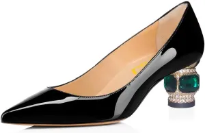 FSJ Women Bridal Pointed Toe Chunky Block Low Heel Crystal Pumps Slip on Wedding Thick Heel Comfort Shoes Size 4-15 US