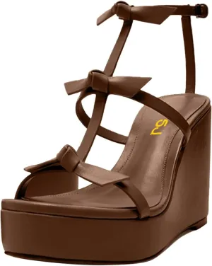 FSJ Women High Heels Platform Wedge Heel Sandals Sexy Open Toe Gladiator T Strap Bow Summer Walking Dressy Shoes Size 4-16 US