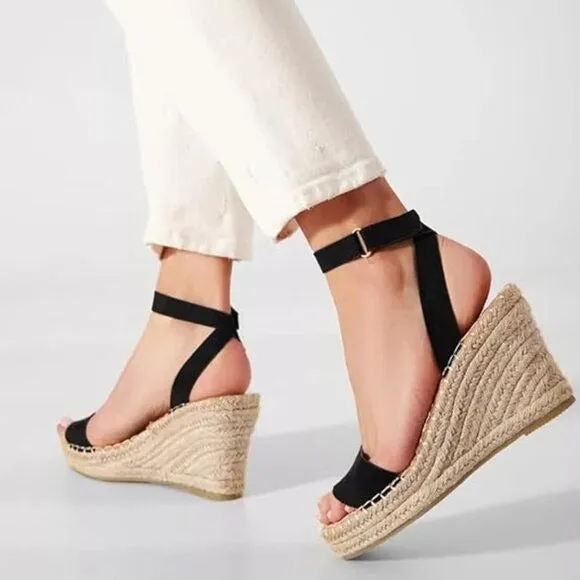 FSJ Women Platform Wedge Espadrille Sandal Open Toe Ankle Strap Buckle High Heel