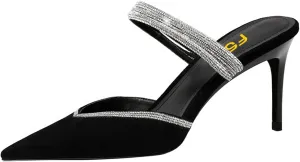 FSJ Women Sexy Closed Pointed Toe Sandals Stiletto Heels Rhinestones Strap High Heels Faux Suede Slip on Slingback Mules Ladies Dress Shoes Size 4-15 US