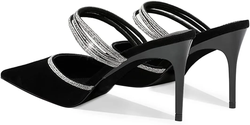 FSJ Women Sexy Closed Pointed Toe Sandals Stiletto Heels Rhinestones Strap High Heels Faux Suede Slip on Slingback Mules Ladies Dress Shoes Size 4-15 US