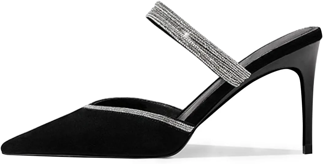 FSJ Women Sexy Closed Pointed Toe Sandals Stiletto Heels Rhinestones Strap High Heels Faux Suede Slip on Slingback Mules Ladies Dress Shoes Size 4-15 US