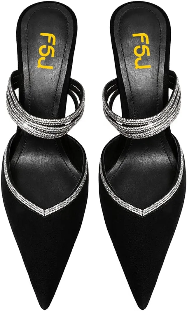 FSJ Women Sexy Closed Pointed Toe Sandals Stiletto Heels Rhinestones Strap High Heels Faux Suede Slip on Slingback Mules Ladies Dress Shoes Size 4-15 US