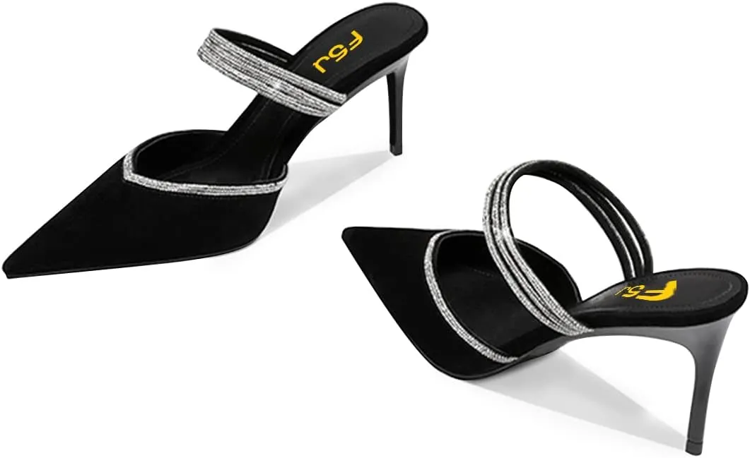 FSJ Women Sexy Closed Pointed Toe Sandals Stiletto Heels Rhinestones Strap High Heels Faux Suede Slip on Slingback Mules Ladies Dress Shoes Size 4-15 US