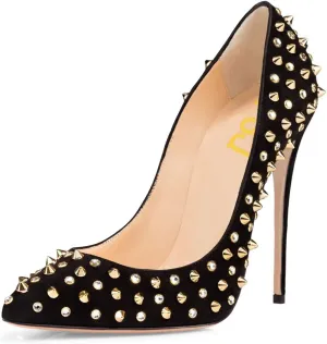 FSJ Women Sexy Studded Rivets Stiletto High Heel Pumps Classic Closed Pointed Toe Slip On Basic Spikes Shoes for Party Size 4-15 US