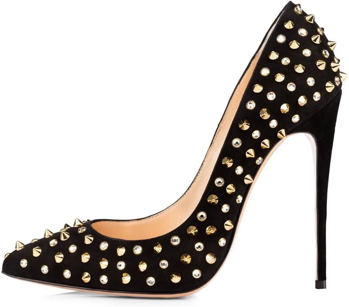 FSJ Women Sexy Studded Rivets Stiletto High Heel Pumps Classic Closed Pointed Toe Slip On Basic Spikes Shoes for Party Size 4-15 US