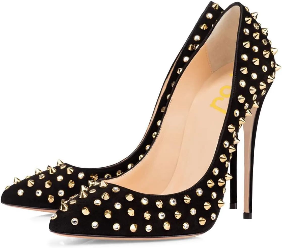 FSJ Women Sexy Studded Rivets Stiletto High Heel Pumps Classic Closed Pointed Toe Slip On Basic Spikes Shoes for Party Size 4-15 US