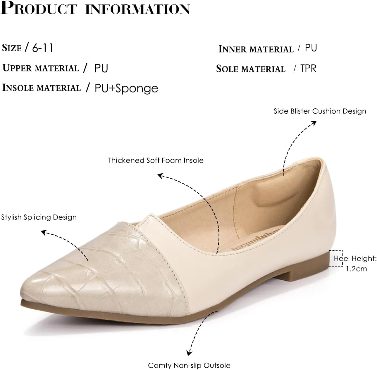 FUNKYMONKEY Black Flats Shoes for Women, Comfort Pointed Toe Slip On Work Shoes