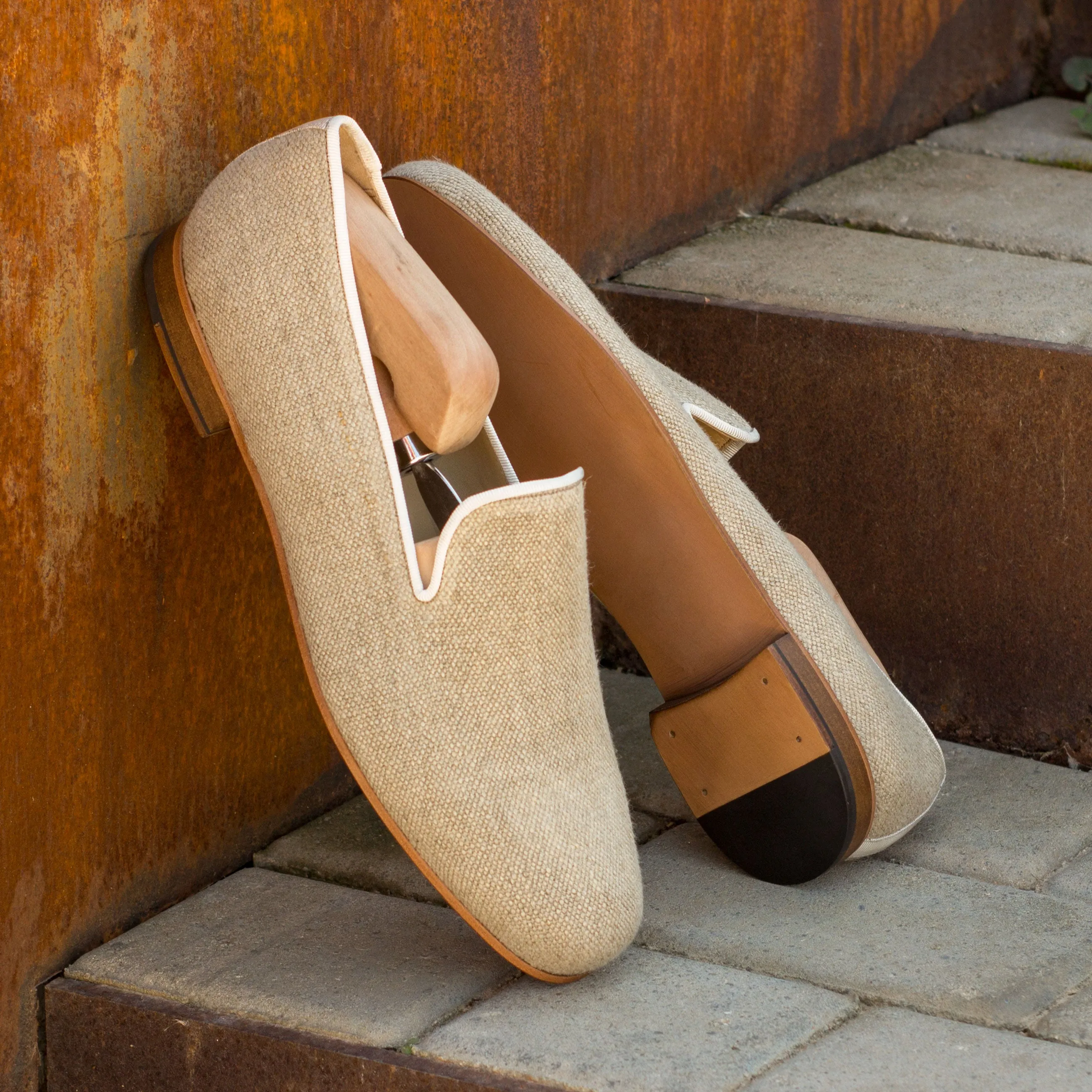 Gentlemen Cortes Slip On - Ice Linen Fabric with Trim in Off-white Colour Grossgrain