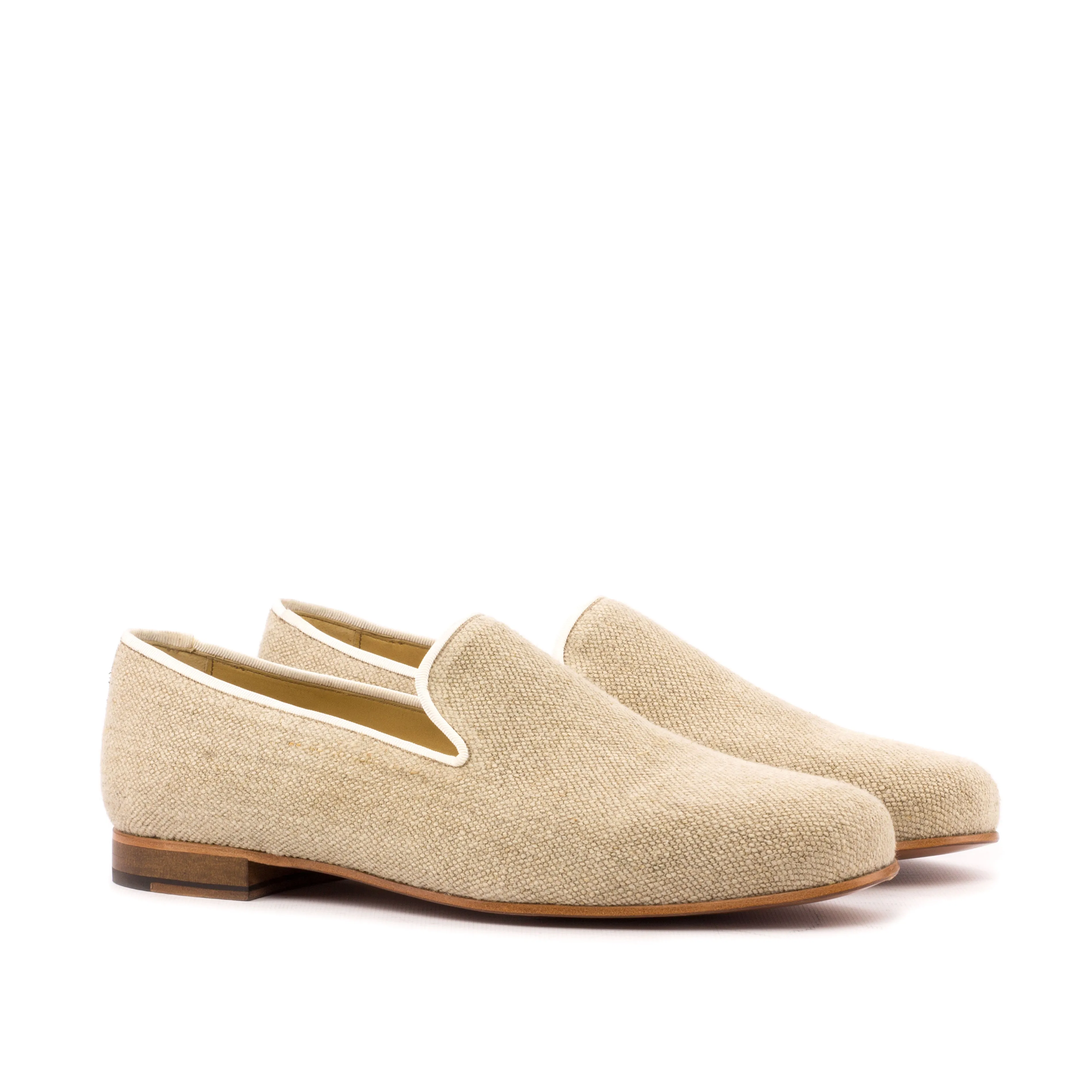 Gentlemen Cortes Slip On - Ice Linen Fabric with Trim in Off-white Colour Grossgrain