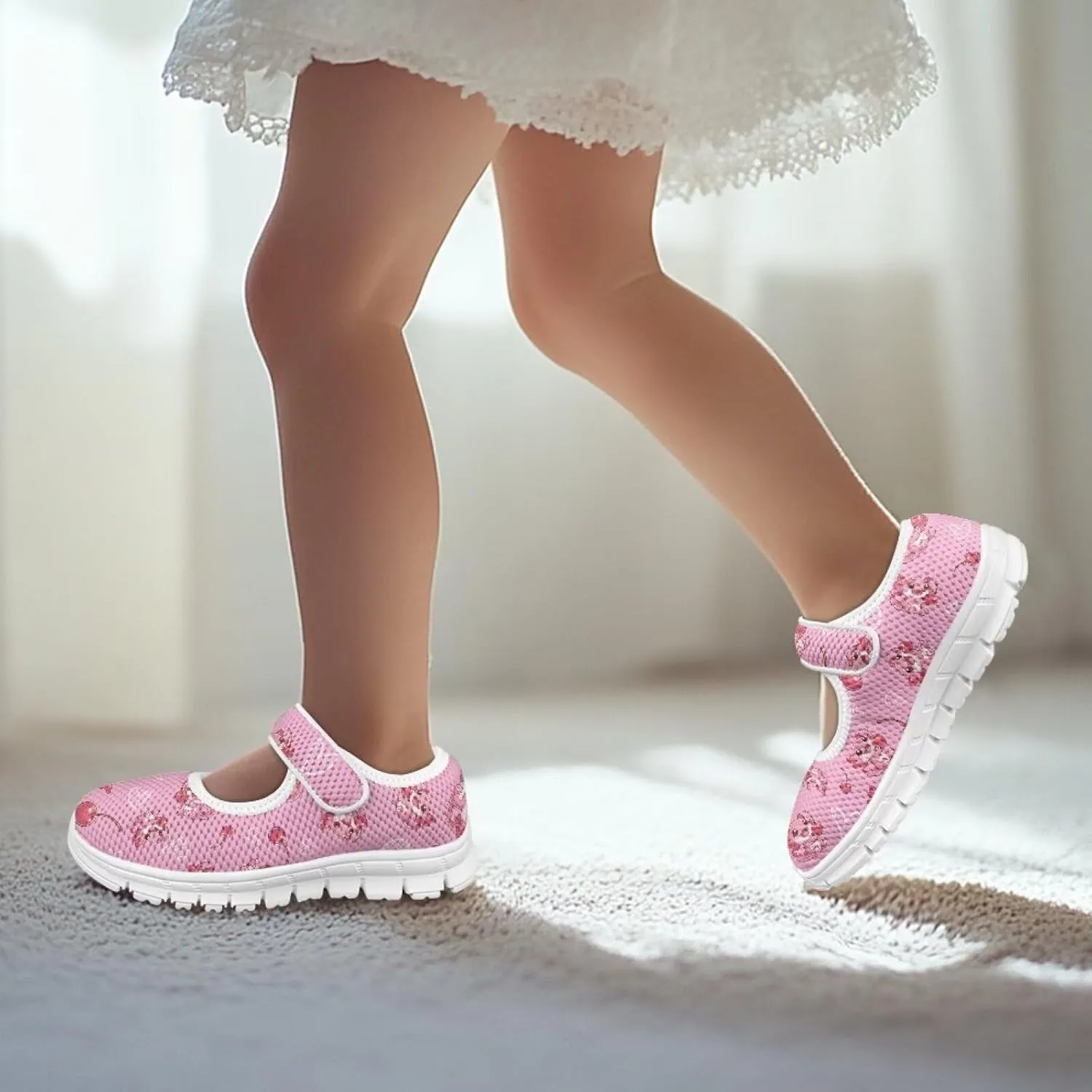 Girls Single Buckle Sneaker,Mary Jane Flats Shoes for Kids,Lightweight Walking Sneaker with White Sole Size 11-15