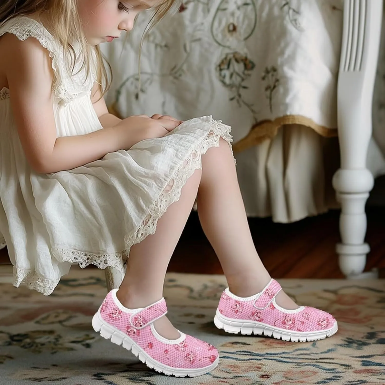 Girls Single Buckle Sneaker,Mary Jane Flats Shoes for Kids,Lightweight Walking Sneaker with White Sole Size 11-15