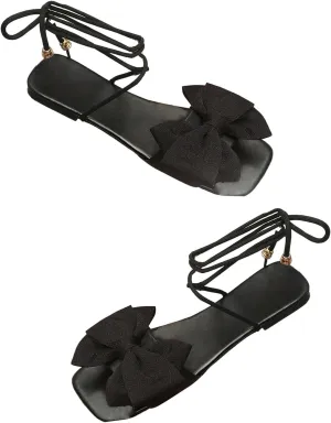 GORGLITTER Women's Bow Flat Sandals Gladiator Lace Up Open Toe Slip On Slide Sandal