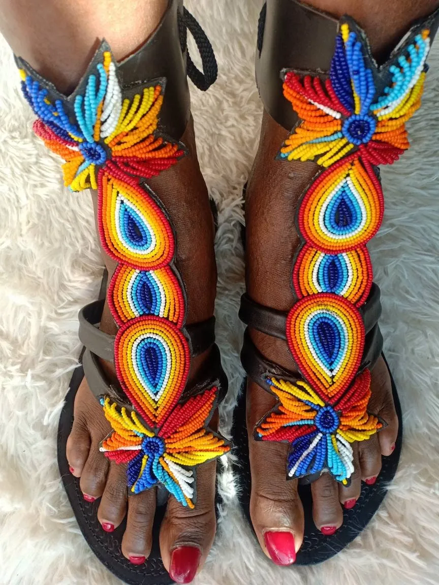 Handmade African Beaded Sandals/Authentic Maasai-Style Leather Flip-Flops Women/Boho Beach Sandals/Comfortable Summer Sandal African Gifts
